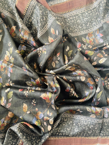 Banarasi Tussar Silk Digital Print Saree | Handwoven and digitally printed | Black | Ships from California